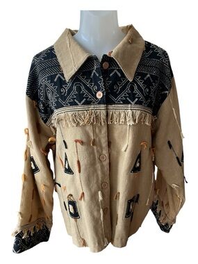 Vintage Silver Stream Boho Fringe Embroidered Jacket in Beige and Black XL